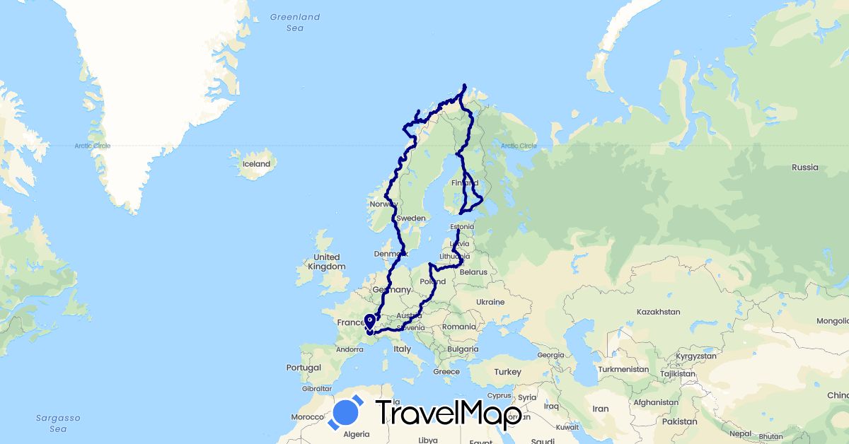 TravelMap itinerary: driving in Austria, Germany, Denmark, Estonia, Finland, France, Italy, Lithuania, Latvia, Norway, Poland, Sweden (Europe)